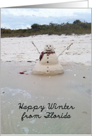 Sand Snowman on the Beach, Happy Winter from Florida card