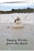 Sand Snowman on the Beach, Happy Winter from the Beach card