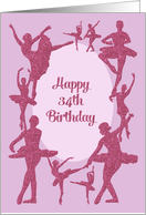 Ballet Happy 34th Birthday Card, Dancing Glitter-Effect Ballerinas card