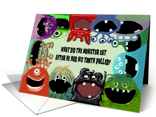 Monster, Dentist Joke Congratulations on New Dentist Job card