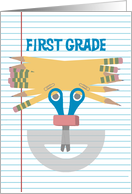 First Grade Teacher, School Supply Face for Teacher Appreciation Day card
