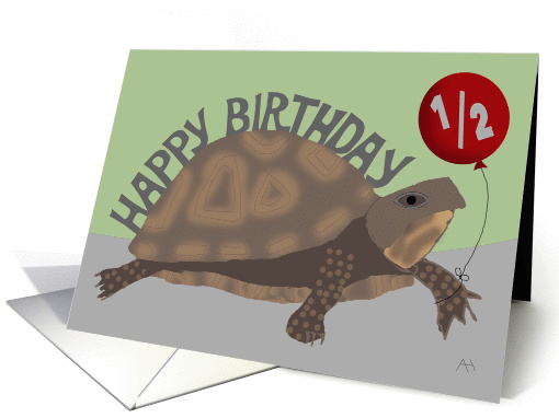 Turtle Holding Red Balloon - Happy Half Birthday card (1439472)