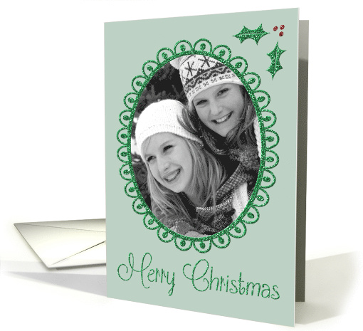Retro Green Glitter-Effect Photo Frame with Holly Christmas card