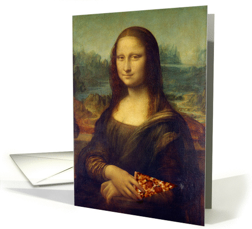 Invitation to a Pizza Party Featuring Mona Lisa Eating Pizza card