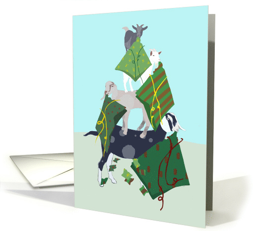 Goats Eating Wrapping Paper in a Stack Christmas card (1575246)