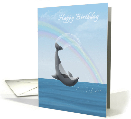 Happy birthday with dolphin leaping for joy and a rainbow card