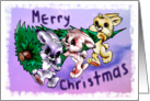 Three hares carrying Christmas Tree card