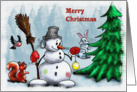 Snowman decorating Christmas tree card