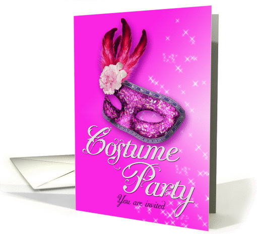 Costume party invitation with pink Venetian mask card (1010995)