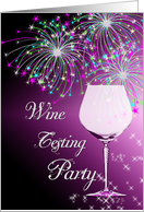 Wine Testing party invitation with glass and fireworks card