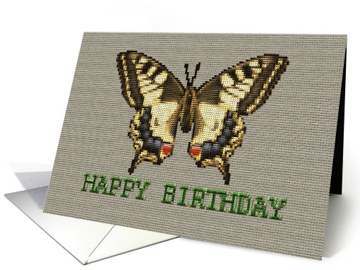 Digital Cross stitched butterfly on canvas Birthday card (1021653)