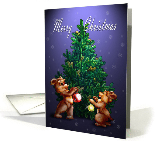 Bears decorating Christmas tree card (995387)