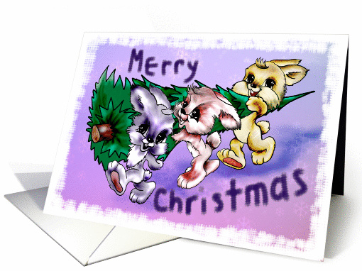 Three hares carrying Christmas Tree card (995391)