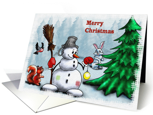 Snowman decorating Christmas tree card (995393)