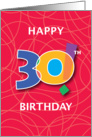 30th Birthday, Bright Bold Numbers with String Background card