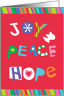 Joy-Peace-Hope, Lettering with Heart, Dove and Star Shapes card