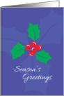 Season’s Greetings Holly Berries On Blue Background card