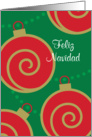 Feliz Navidad Spanish Ornaments With Swirls On Green Background card