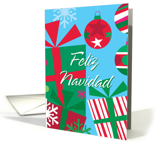 Feliz Navidad, Merry Christmas Spanish, Ornaments and Presents card