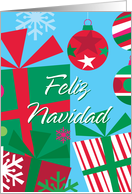 Feliz Navidad, Merry Christmas Spanish, Ornaments and Presents card