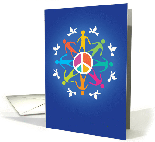 Peace on Earth Symbol and Doves with Diverse Stick Figures card