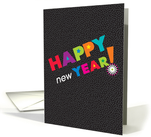 Happy New Year Lettering With Stars and Black Confetti Background card