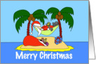 Santa Claus in Hammock on Island Cartoon Humorous Merry Christmas card