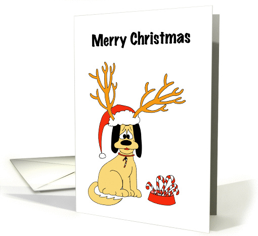 Puppy Cartoon in Santa Claus Reindeer Hat Merry Christmas card