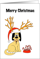 Puppy Cartoon in Santa Claus Reindeer Hat Merry Christmas card