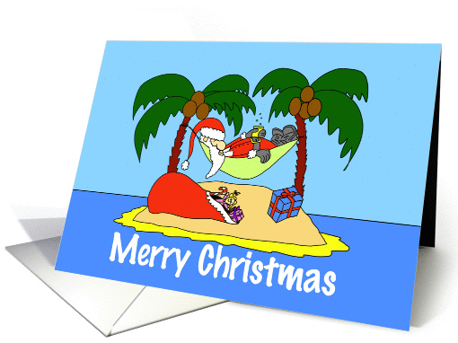 Santa Claus in Hammock on Island Cartoon Humorous Merry Christmas card