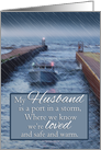 For Husband Fishing Boat Coming Into Port from Storm Father’s Day card