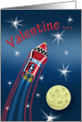 Humorous Retro Spaceship Over the Moon Valentine card