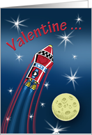 Humorous Retro Spaceship Over the Moon Valentine card