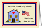 Family, New Home Address - House & American Flag card