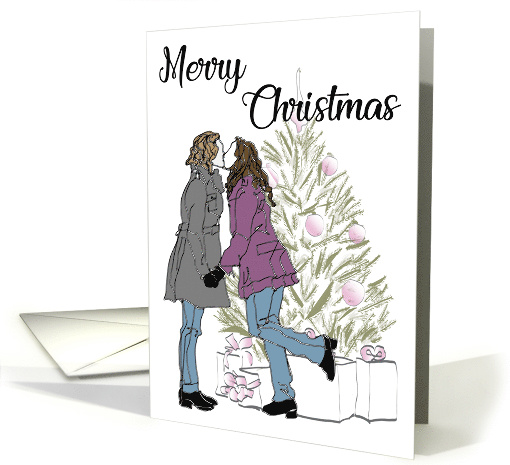 LGBT Christmas with Two Women Kissing by the Christmas Tree card