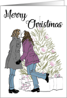 LGBT Christmas with Two Women Kissing by the Christmas Tree card