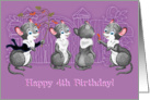 Happy 4th Birthday, Four Cute Mice On Purple Background card