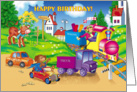 Train and car! friends by car and train in a hurry to congratulate card