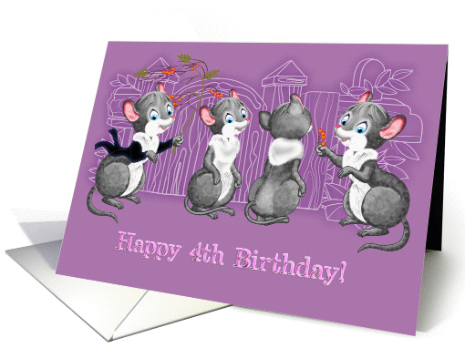 Happy 4th Birthday, Four Cute Mice On Purple Background card (1147382)