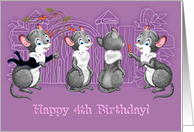 Happy 4th Birthday, Four Cute Mice On Purple Background card