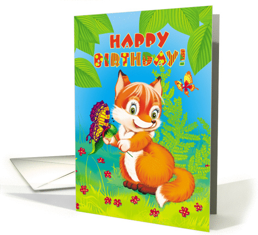 Birthday for Kids Cartoon Fox with a Butterfly card (993963)