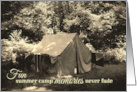 Fun Summer Camp Memories Never Fade with Retro Tent in Wood Photo card