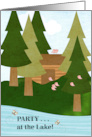 Folk Art Party at the Lake Invitation with Cabin Lake Pine Trees card