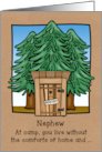 Thinking of Nephew at Camp with Cartoon Outhouse in Pines card