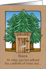 Thinking of Niece at Camp with Cute Outhouse in Pines Design card
