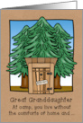 Thinking of Great Granddaughter at Camp with Cartoon Outhouse in Pines card