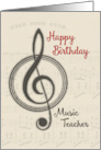 Happy Birthday Music Teacher with Sheet Music and Treble Clef Image card