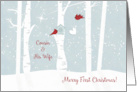 Merry First Christmas to Cousin and His Wife with Love Birds in Snow card