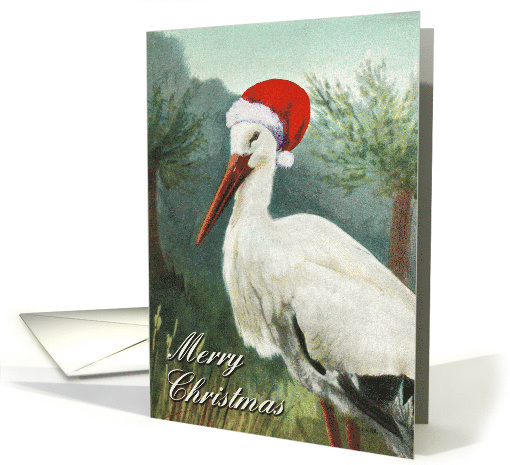 Merry Christmas with Whimsical Beautiful White Stork in Santa Hat card