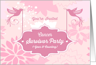 1 Year Cancer Survivor Party Invitation with Pink Birds Flowers card